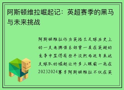 阿斯顿维拉崛起记：英超赛季的黑马与未来挑战